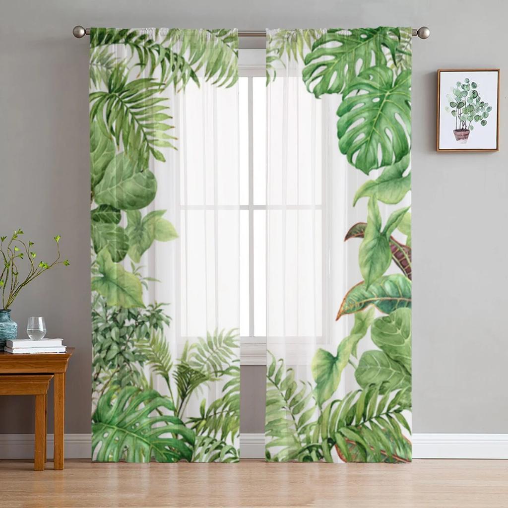 Tropical Green Plant Leaves Sheer Curtains For Living Room Bedroom Tulle Curtains Kitchen Window Treatments Panel Drapes