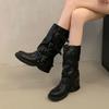 Fashion Retro Boots Women's Early Autumn Western Cowboy Booties High Waist Chunky Heel Faionable PU Leather Superfine Fiber 2025