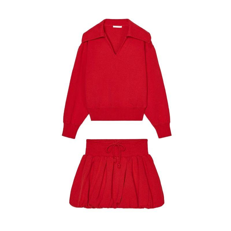 Spring Rib Decoration Woven Large Collar Short Sweatshirt 0858304 Lantern Balloon Cotton Mini Skirt 0858306