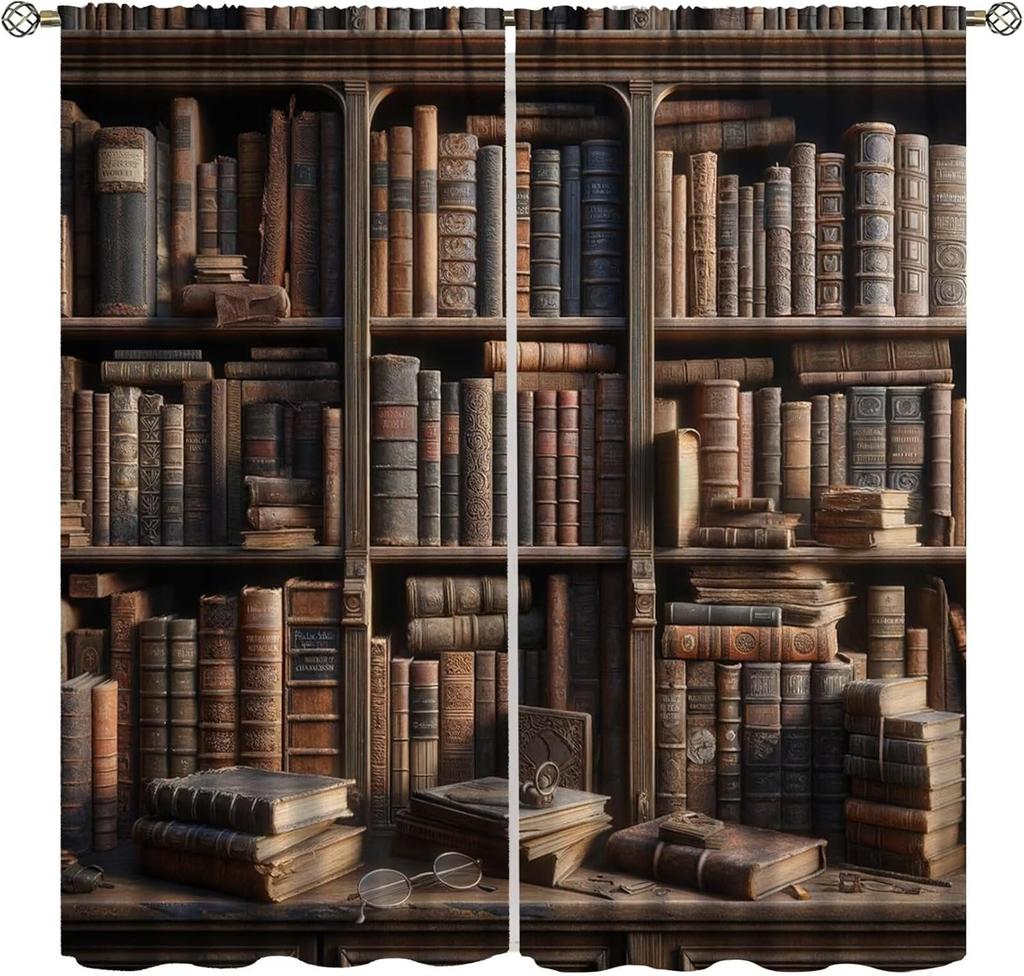 Gothic Bookshelf Curtain Antique Bookcase Spooky Skull Magic Book Halloween Themed Decor Window Kids Teens Adults Curtains Made Of Polyester