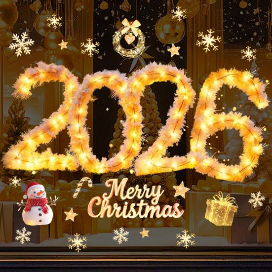 2026 Merry Christmas Window Cling Removable Waterproof PVC Xmas Golden Light String Static Glass Sticker Holiday Party Decoration Decal