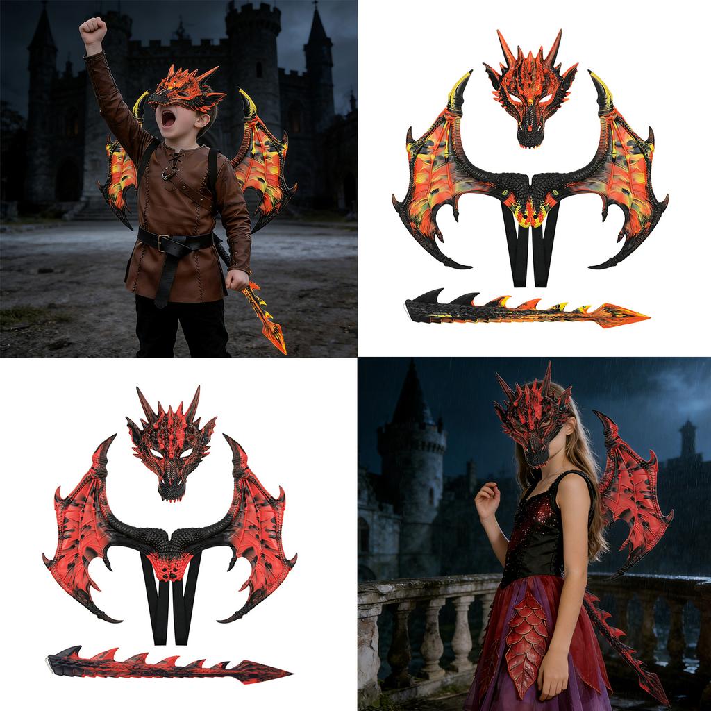 Dragon Wing Mask and Tail Set Dinosaur Cosplay Set for Kids Girls Boys Halloween Dragon Costumes for Theme Party Decor