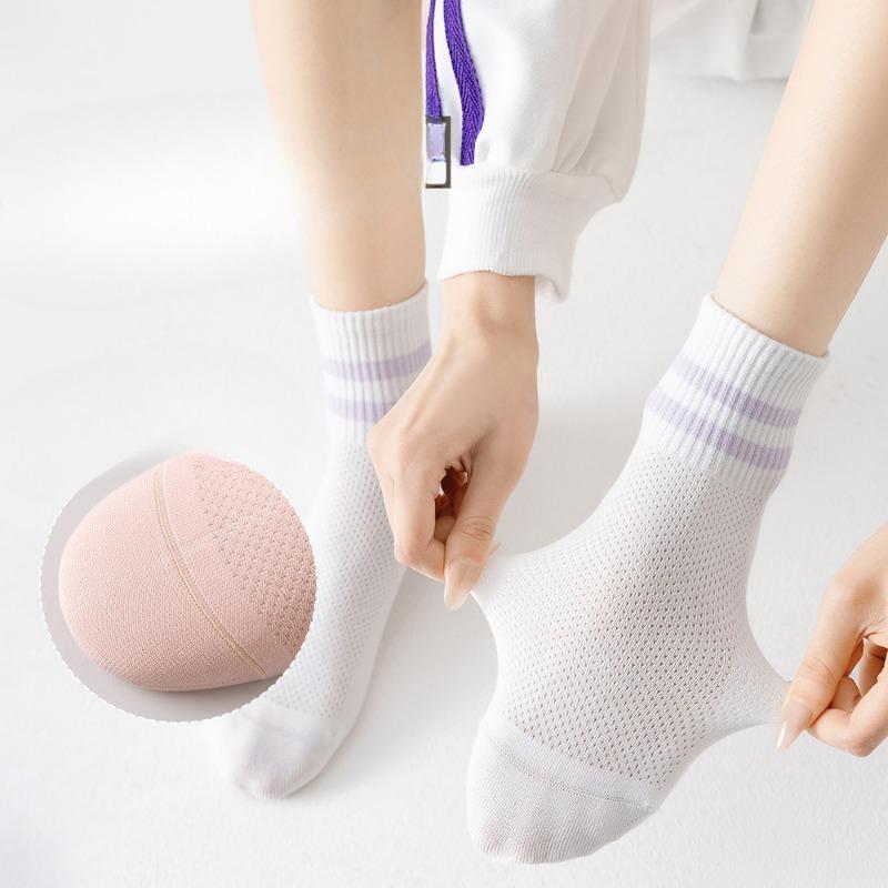 Pure Cotton Women's Spring and Summer Mid-calf Socks, White Striped Mesh Breathable Antibacterial Socks, Boneless Socks, All-cotton Socks