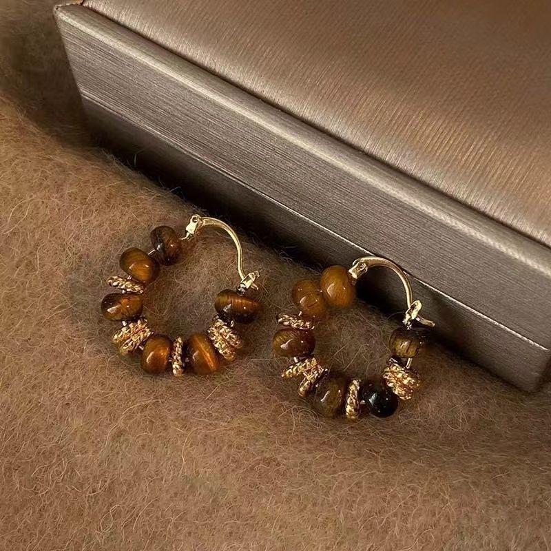 Tiger's eye geometric round earrings Maillard style stud earrings niche design earrings