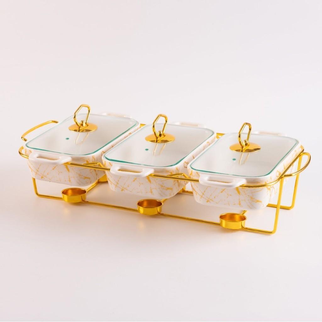 Three-grid Rectangular Ceramic Plate Soup Pot Metal Shelf Hotel Restaurant Hand-Colored Soup Pot Dry Pot Tableware Set