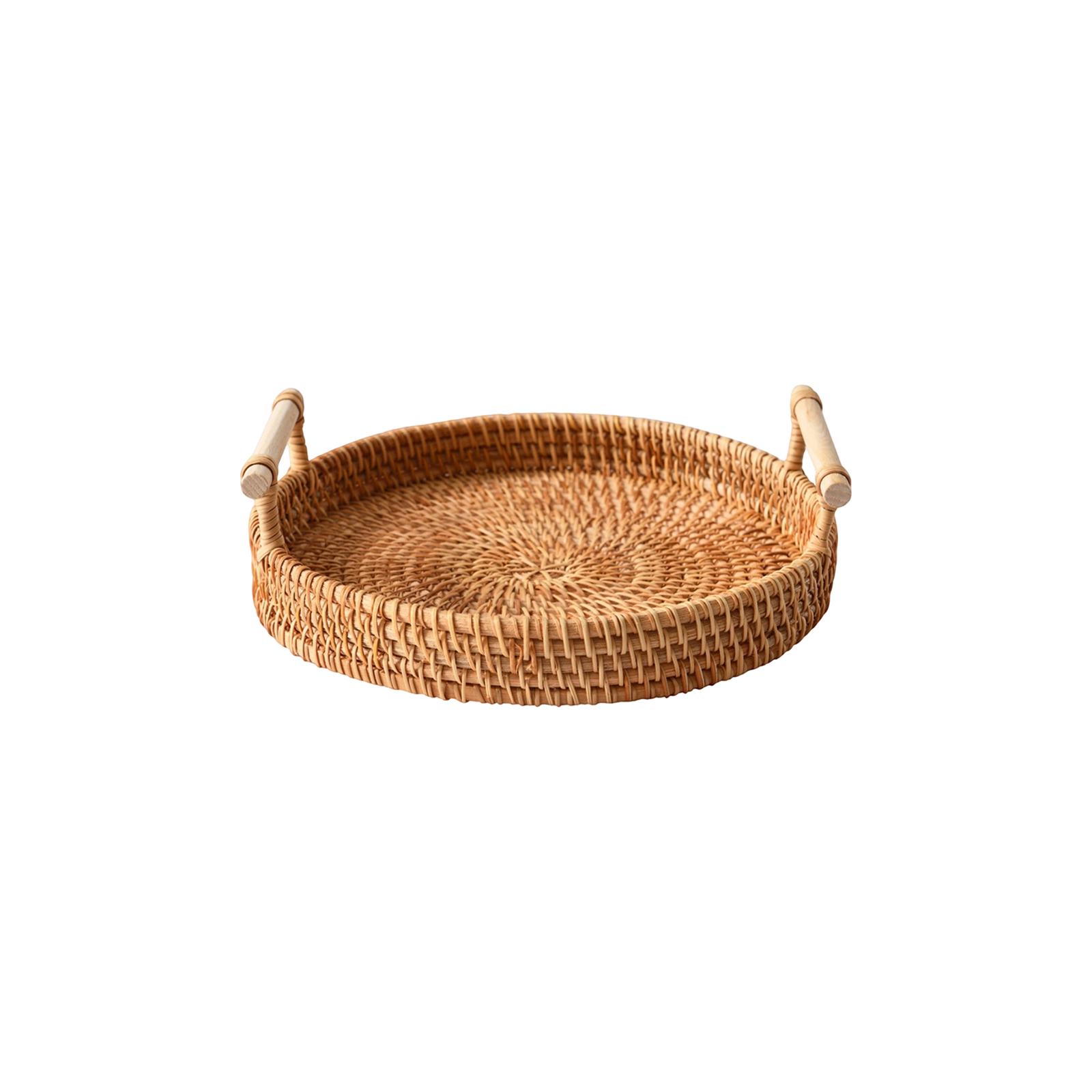 

Handwoven Rattan Round Serving Tray with Dual Handles for Tea Coffee Food Display Storage and Home Decor Use One Size
