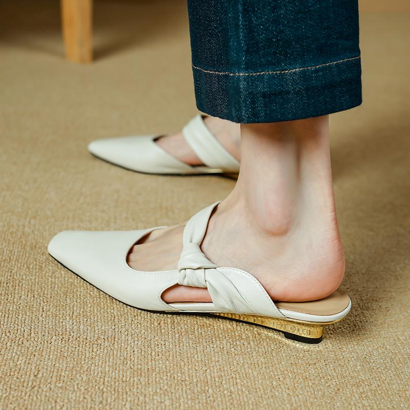 Fashion 2025 NEW Summer Women Mules Genuine Leather Women Shoes Square Toe Chunky Heel Cover Toe Slingback Sandals Modern Slippers