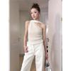 White Slanted Shoulder Sleeveless Single Shoulder Small Suspender Female Xia Ju Good-looking Vest Short Outer Irregular Streamer Top