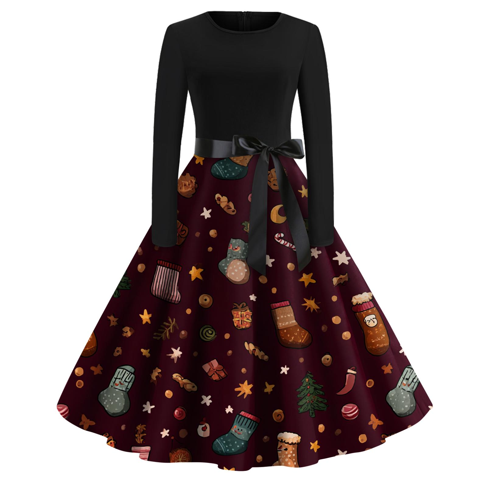 

Женское модное повседневное платье приталенного кроя с круглым вырезом, рождественским принтом и длинными рукавами XL винный