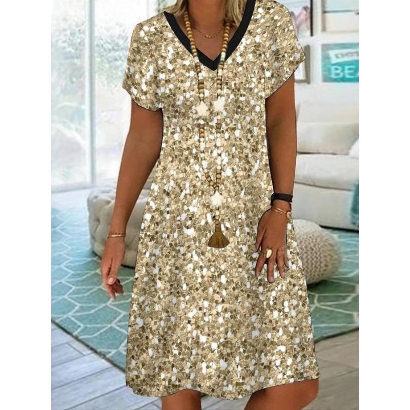 Ladies  casual and elegant spring and summer short sleeved dress, mineral gemstone print pattern V-neck short sleeved elegant and chic A-list dress S