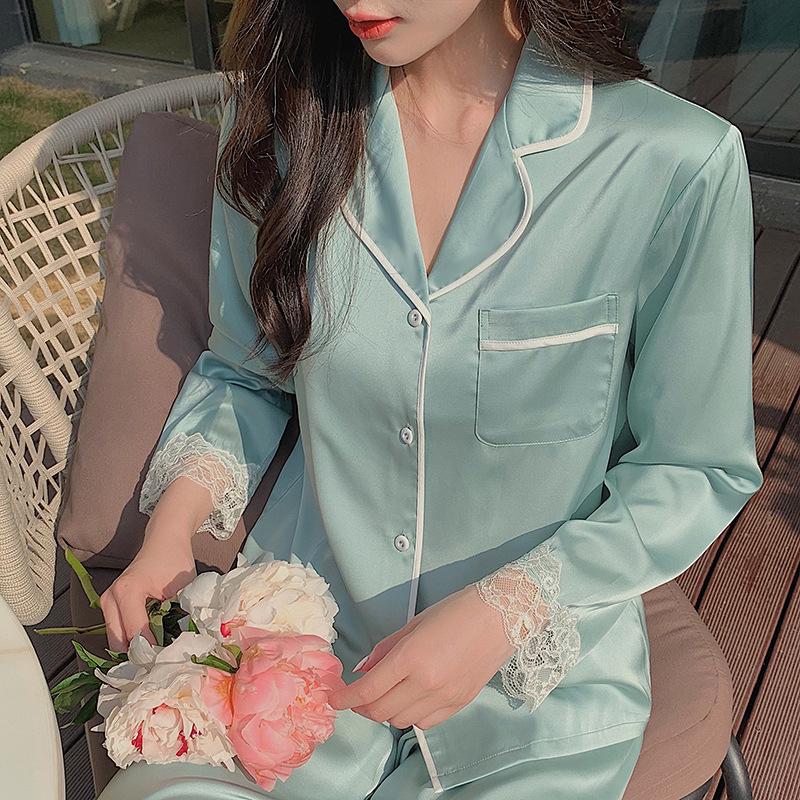 New Pajamas Women'S Spring And Summer Long-Sleeved Cardigan Lace Solid Color High-End Comfortable Loungewear Set Spot