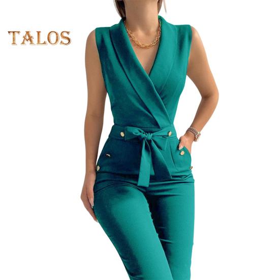 

Летний женский комбинезон без рукавов с V-образным вырезом, облегающий, с пуговицами, на шнуровке, однотонный, с широкими штанинами, деловой, деловой, дорожный комбинезон M зелёный