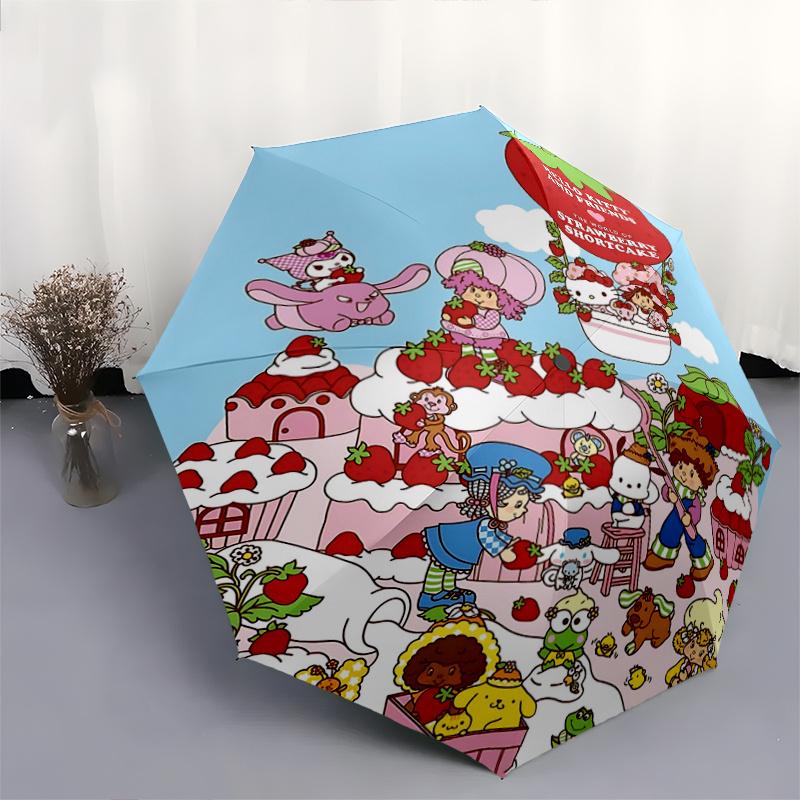 1pc Hello Kitty Strawberry Shortcake Automatic Folding Umbrella - Portable 3-Fold Design with Iron Frame, Perfect for Fans, Travel, Daily Use, and Gif