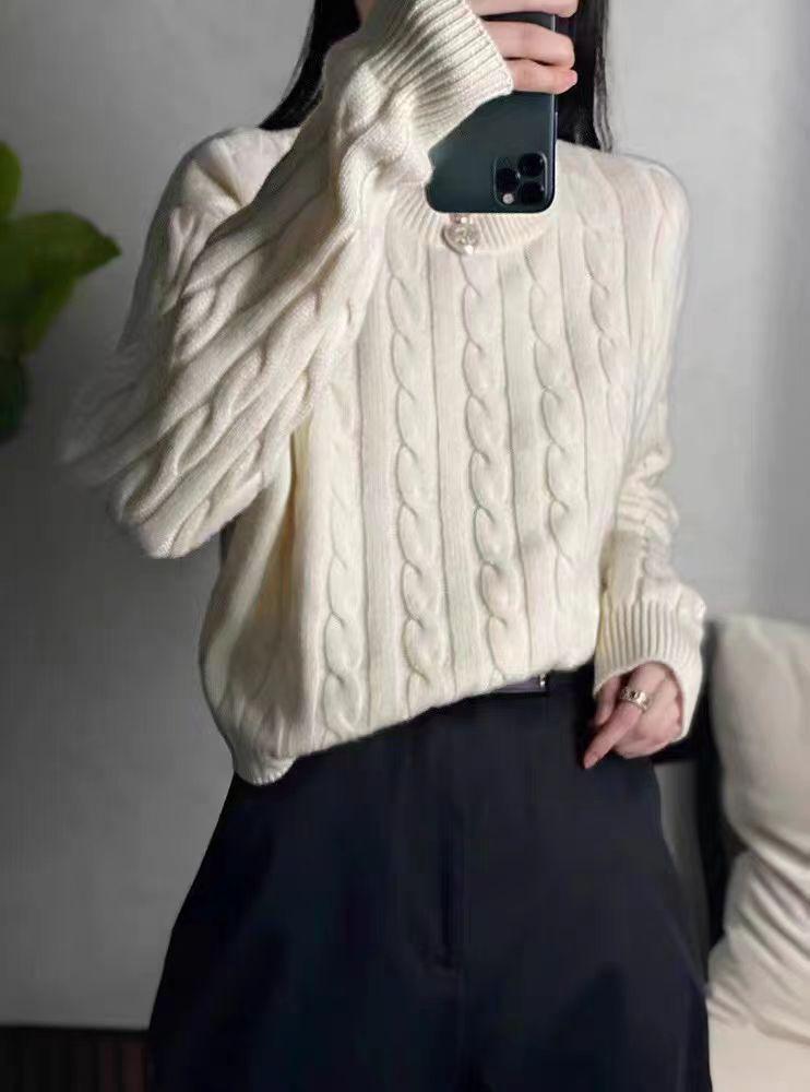 100% Pure Wool Cable Knit Sweater - Loose Fit, Thickened, Round Neck for Autumn/Winter
