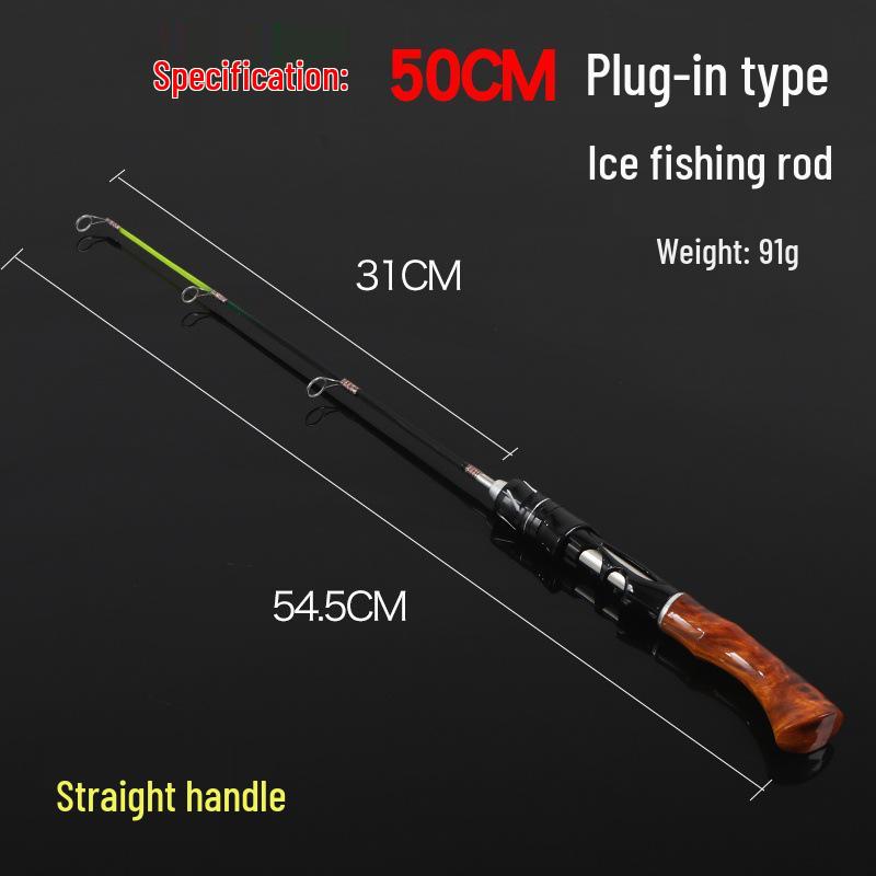 Wood Grain Portable Ice Fishing Rod with Curved Handle and Soft/Hard Tips
