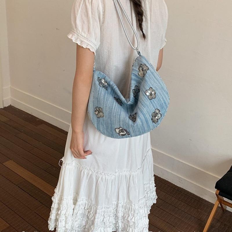 Niche flower sequined bag women's summer new denim bag fashion versatile commuter shoulder messenger bag