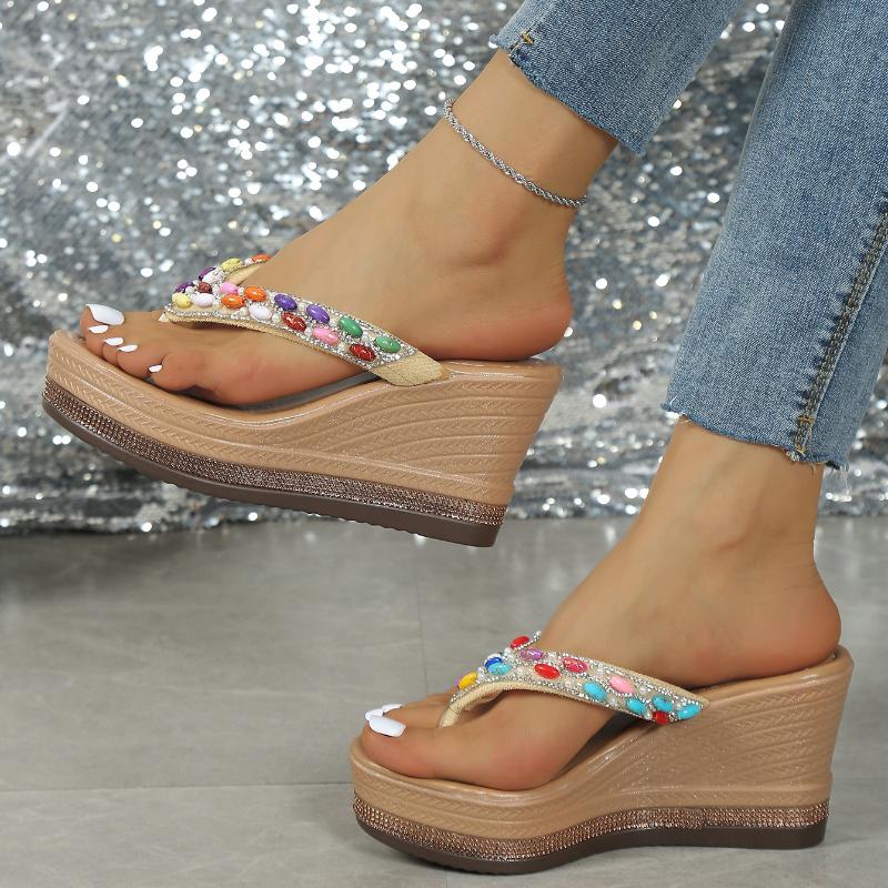 Luxus Leichte Strass Damen Flip-Flops Dicke Sohle Höhenverstellend Sommerlich Lässig Außen-Slipper, Damenschuhe