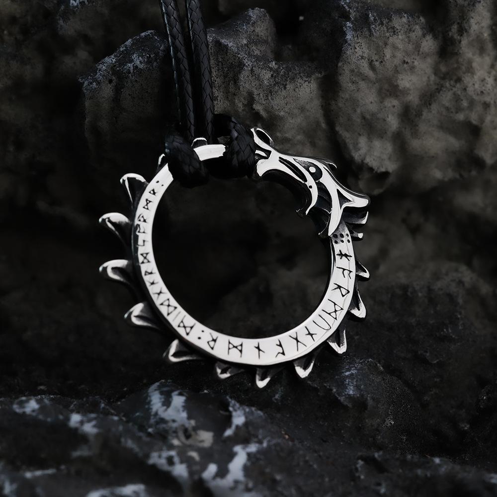 Vintage Stainless Steel Men's Norse Rune Dragon Pendant Necklace