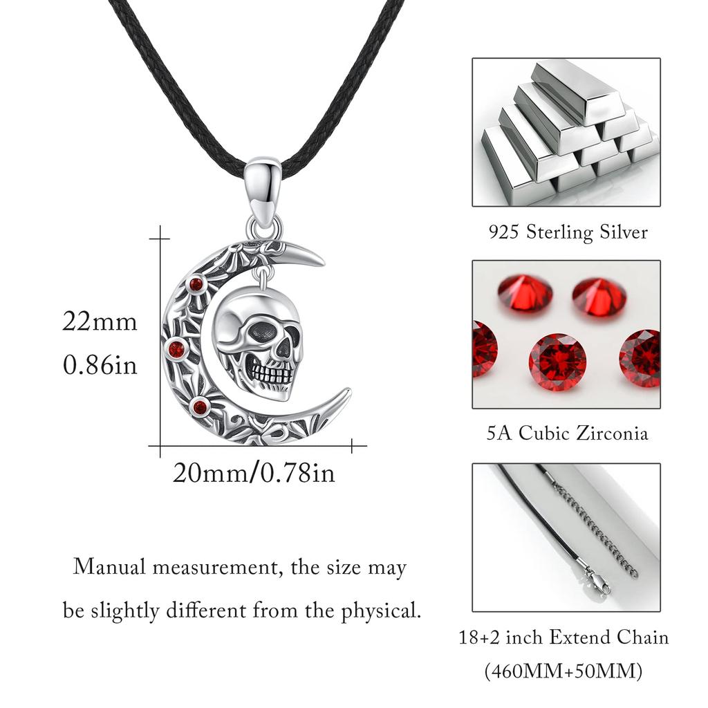 CUOKA MIRACLE Skull Necklace, 925 Sterling Silver, Moon, Crescent Moon Skull Jewelry Pendant Necklace, Gothic Skull Horror Jewelry, Gift for Women,