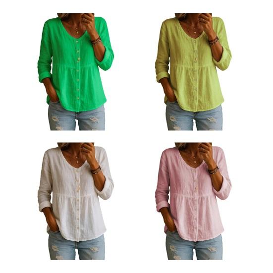Women Shirt V-Neck Long Sleeve Buttons Placket Shirt Tops A-Line Silhouette Short Front Long Back Hem Casual Shirt