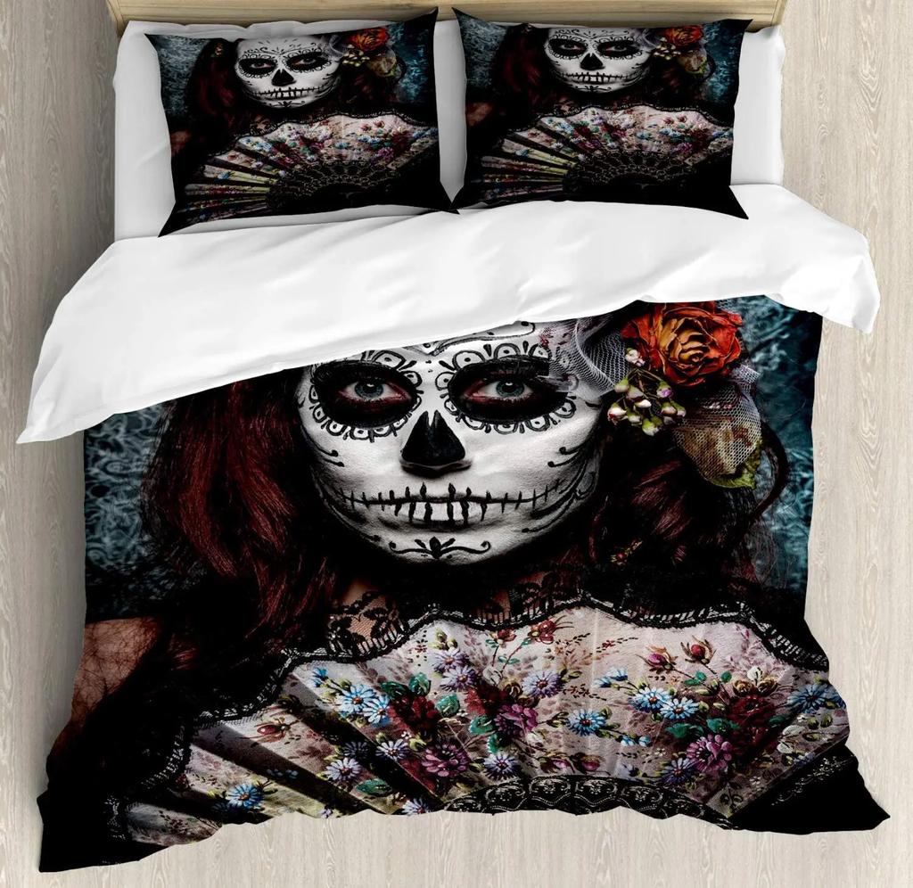 Sugar Skull Duvet Cover Set, Monochrome Skull with Roses Leaves and Diamond Shape Folklore Festival Print,Decorative Bedding Set
