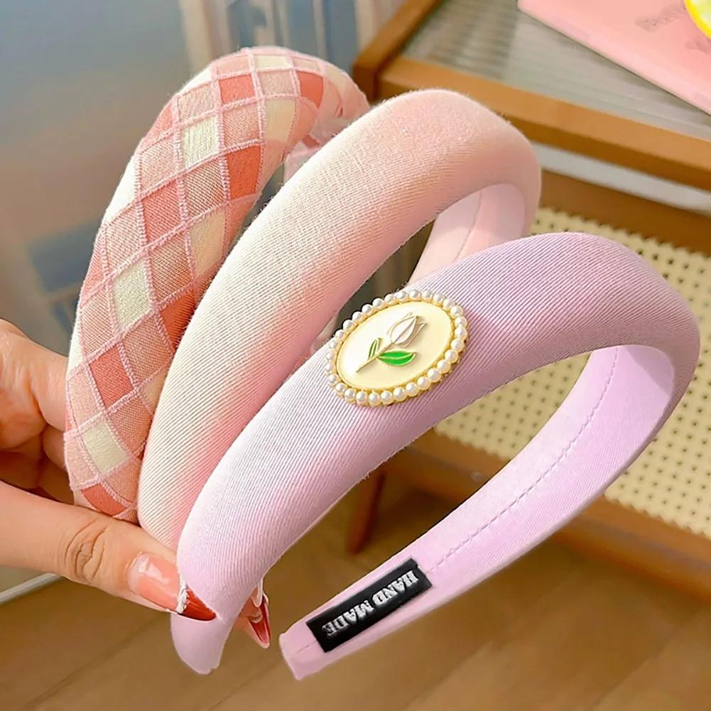 Spring Summer Women Solid Color Head Hoop Set Princess Girls Sweet Plaid Cloth Headbands for Children Daily Headpiece