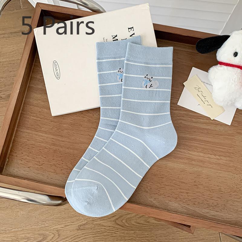 

5 Pairs of Plush Kitten Socks - Cute Autumn Cartoon Mid-length Socks with Trendy Stripes and No Bones 5 pairs