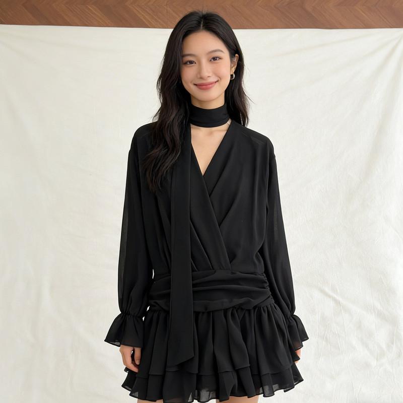 Black Vneck Dress With Ruffle Sleeves For Elegant Women Summer 2025