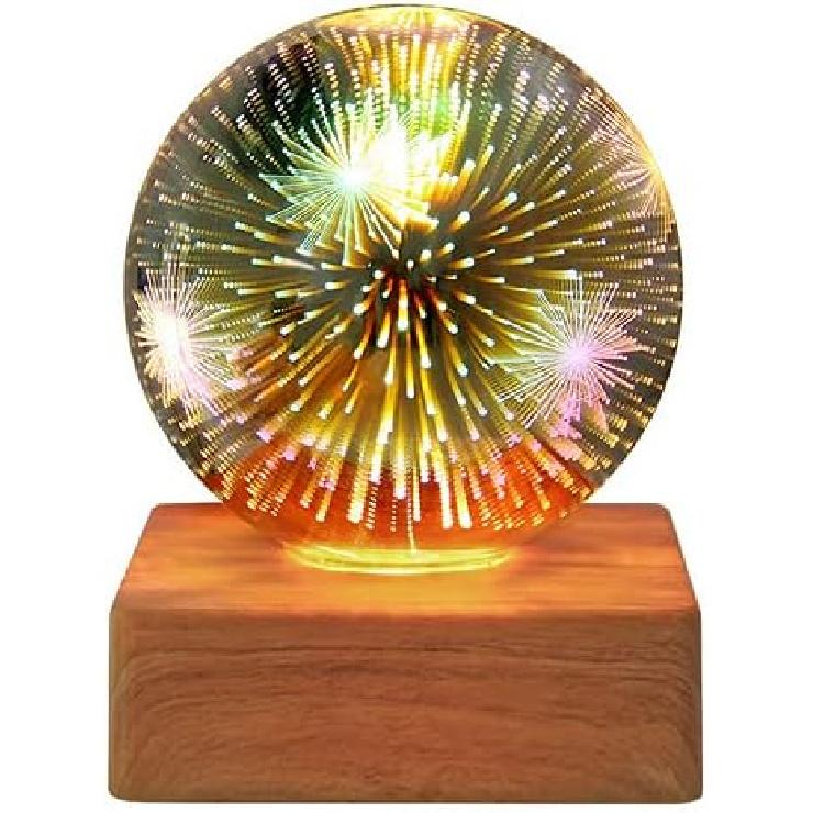 LED Firework 3D Star Effect Colorful Night Light USB Projector Lamp Magic Crystal Glass Ball Night Light with Wood Base Decorative Lamp for Gifts &