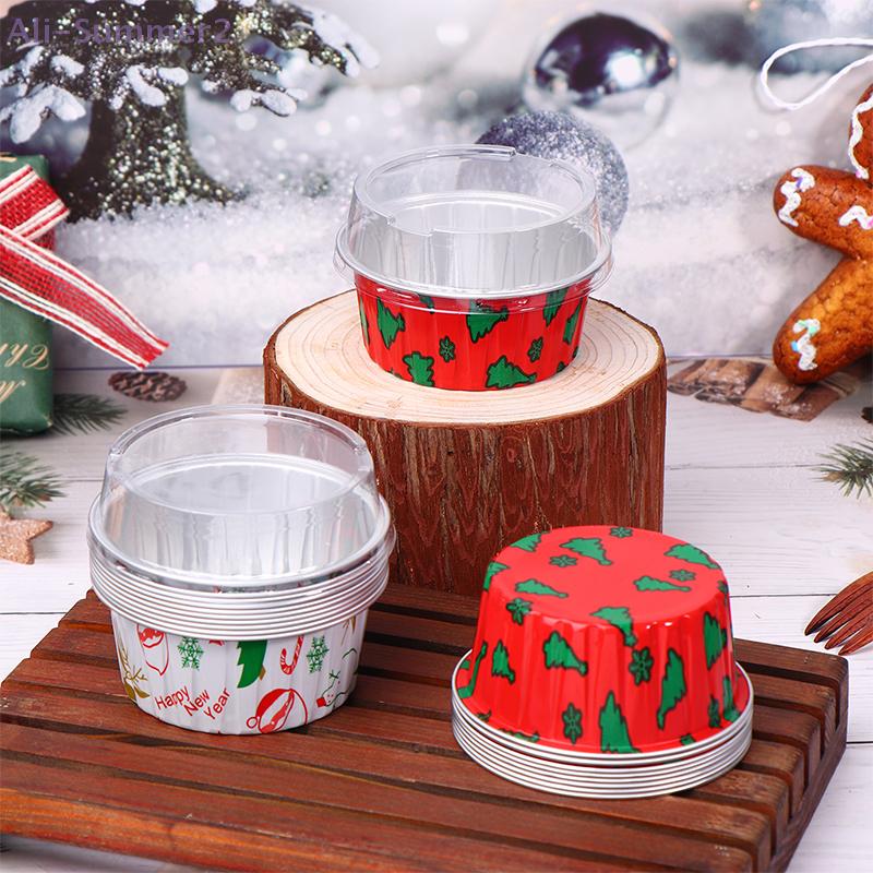 {MX} 10Pcs 125ml Christmas Aluminum Foil Tin Cup With Lids Reusable Pudding Cupcake Mold Air Fryer Baking Tray Tinfoil Cups