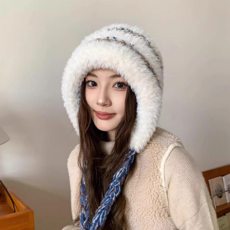 New Plush Hat Women's Autumn and Winter Warm Ear Protection Wool Hat Shows a Small Face Knitted Hat Bag Dual-purpose