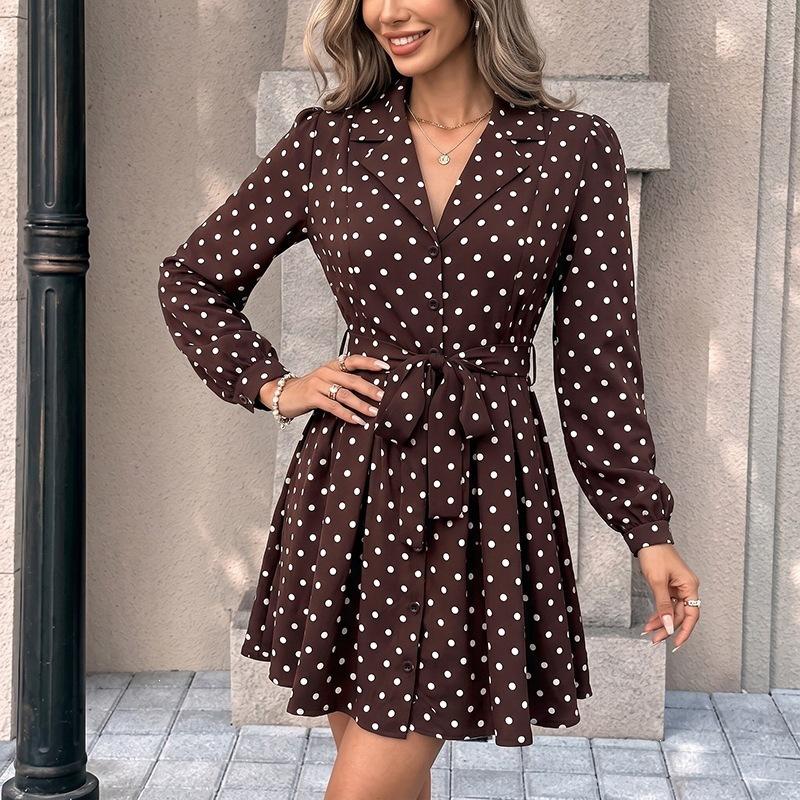 New Style Blouse Skirt Short Dress with Tie Waist and Polka Dot Pattern for Ladies' Dress