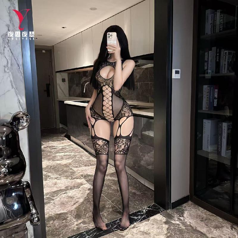 Sexy Open Crotch Hollow Out One Piece Mesh Lingerie Sleeveless Suspender Stockings For Women