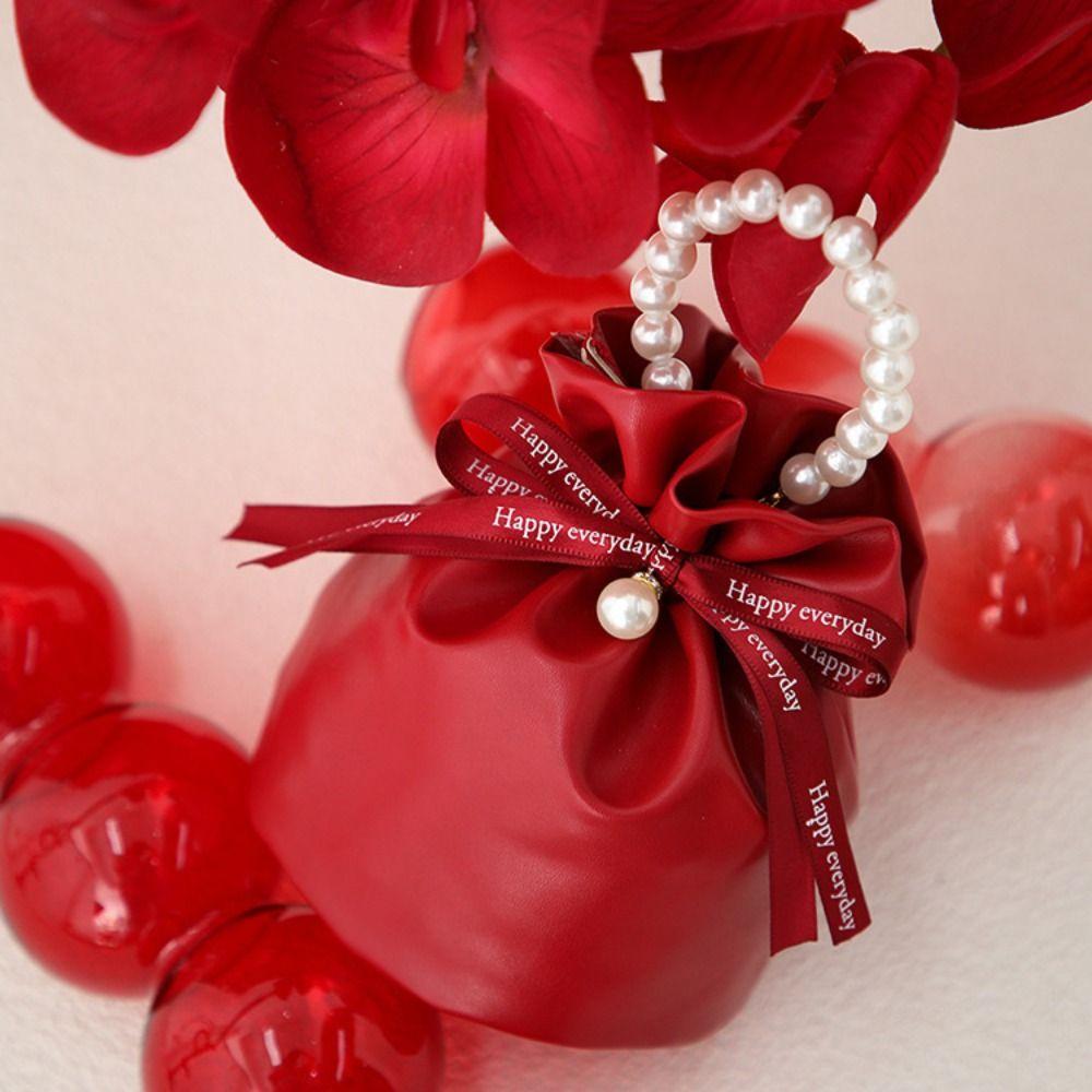 Solid Color PU Drawstring Bag Storage Bag Wedding Candy Bag Pearls Handle Wrist Bag  Festival
