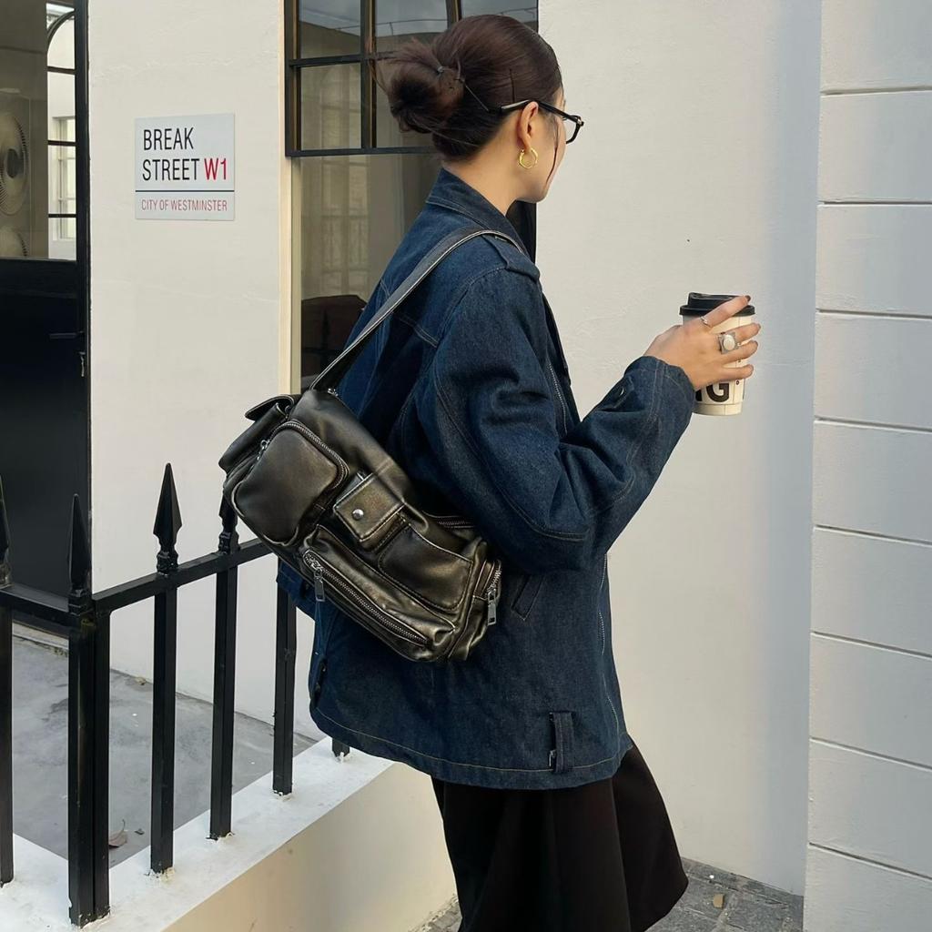 Vintage Multiple Pockets Motorcycle Bag Designer Women Handbags Luxury Soft Pu Leather Shoulder Bags Large Messenger Bag 2025