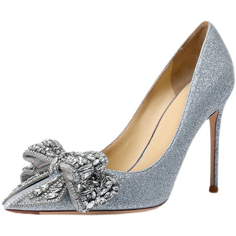 2025 New Silver Wedding Shoes Diamond-Bow Sequin High Heels Women'S Stiletto Bridal Shoes Dress Glass Shoes