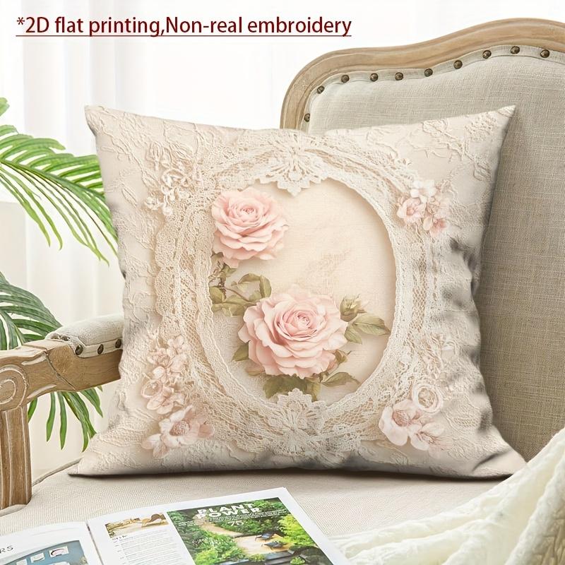 Vintage Rosen Spitzen Kissenbezug 2D Faux Stickerei Druck Shabby Chic Blumiges Kissenbezug für Sofa Bett Couch Französisches Landhaus