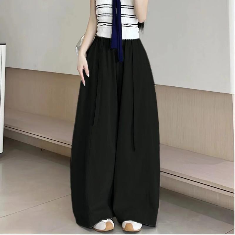 Women s Solid Beige Elastic Waist Drawstring Wide Leg Casual Parachute Pants S чёрный