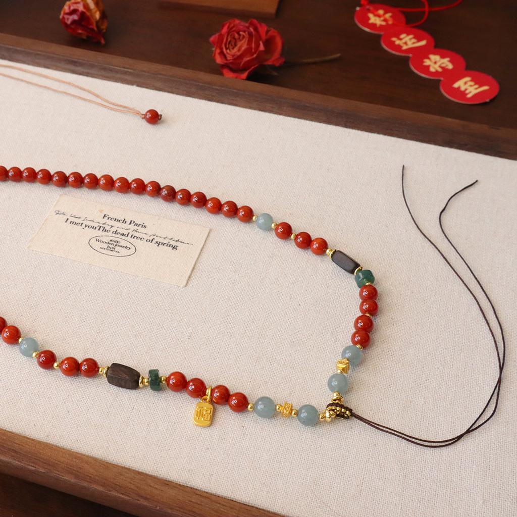 Hand-Woven Natural Nanhong Agate Universal Chain Beaded Necklace Ornament Fashion Women Daily Jewelry Lucky Gift