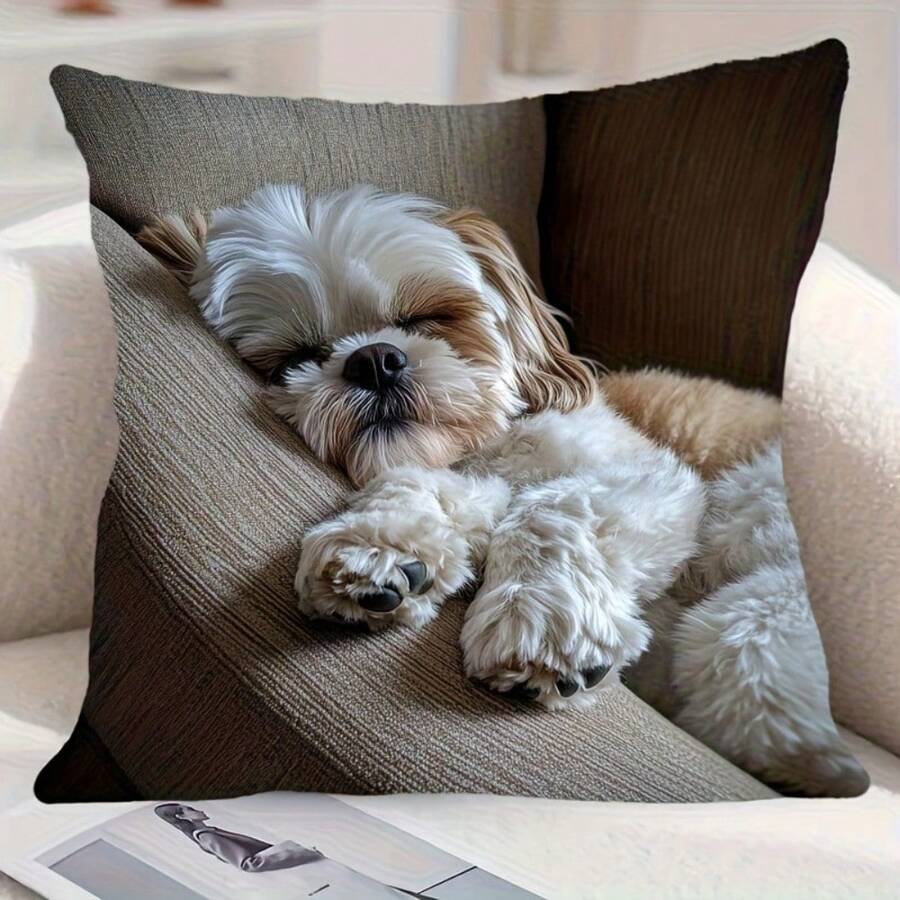 Cute Sleeping Dog Cushion Cover Shih Tzu Puppy Print Decorative Pillow Case Realistic Pet Art Home Sofa Living Room BedroomDecor