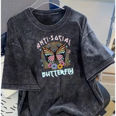 T-shirt con Fantasia Lavata Vintage Marca di Moda Vintage Camicia a Manica Corta, Top Estivo Casual Vestibilità Larga Girocollo a Manica Corta
