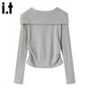 Women's Striped Tie-up Navy Collar Long Sleeve T-shirt