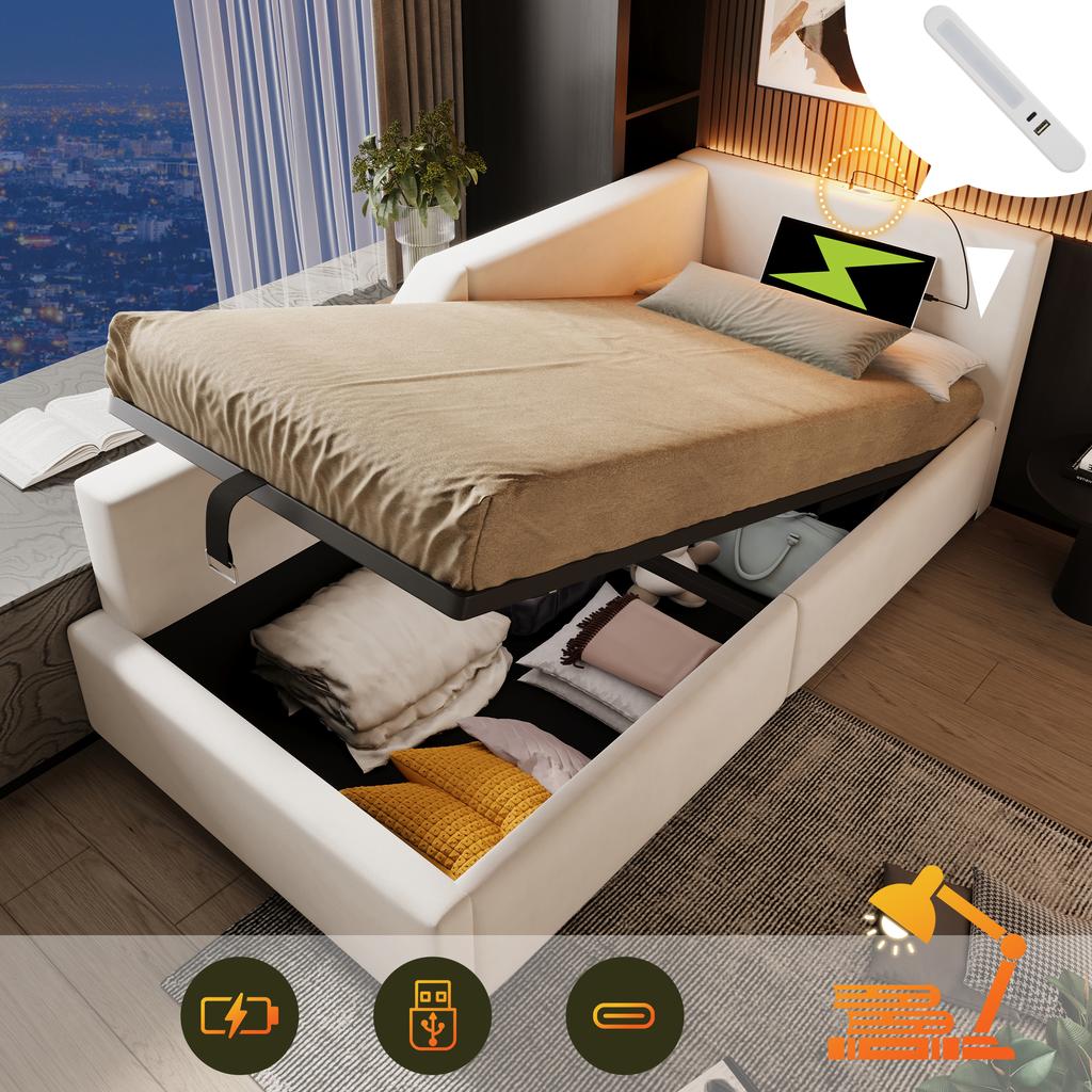 Upholstered Daybed 90x190cm, Sofa Bed with Hydraulic Storage, Reading Light and USB-C Charging, Children's Bed with Wooden Slatted Base, Velvet, Beige