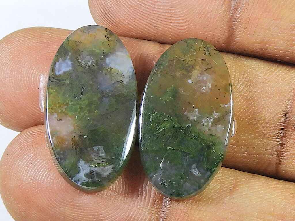 Natürlicher Moosachat-Edelstein, 27 Karat. Loses ovales Cabochon-Paar 14X24MM SK-2753