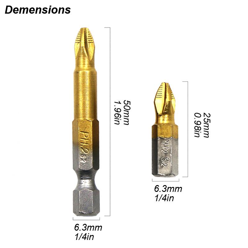 Phillips Screwdriver Bit Set PH2 Anti Non Slip 1/4 Hex Magnetic Fit Hand Electric Drill Driver Cross Titanium Coated Tool Part