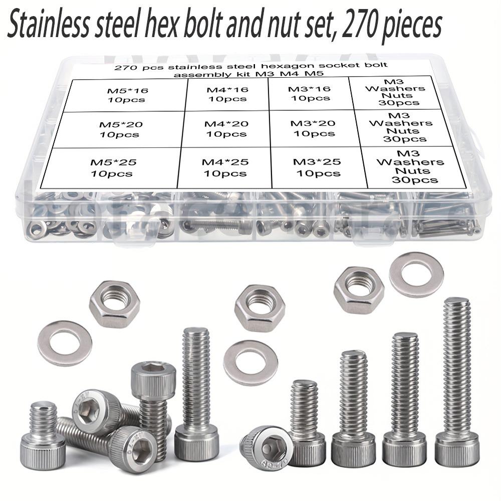 270-piece stainless steel hex bolt, nut, and washer set, M3, M4, and M5, available in lengths of 16mm, 20mm, and 25mm.