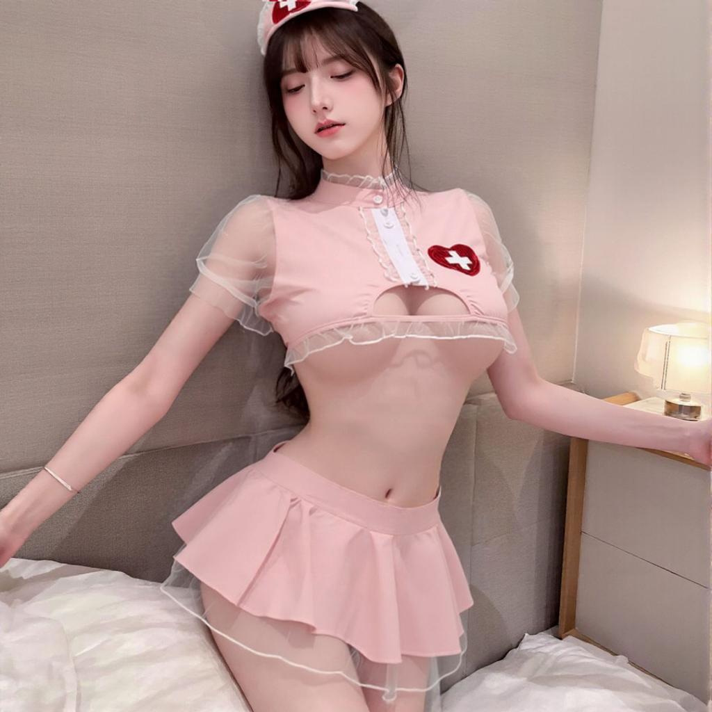 Large Size Sex Clothes Pink Sexy Nurse Clothes Cosplay Hollow Women Free Passion Pure Desire Suit