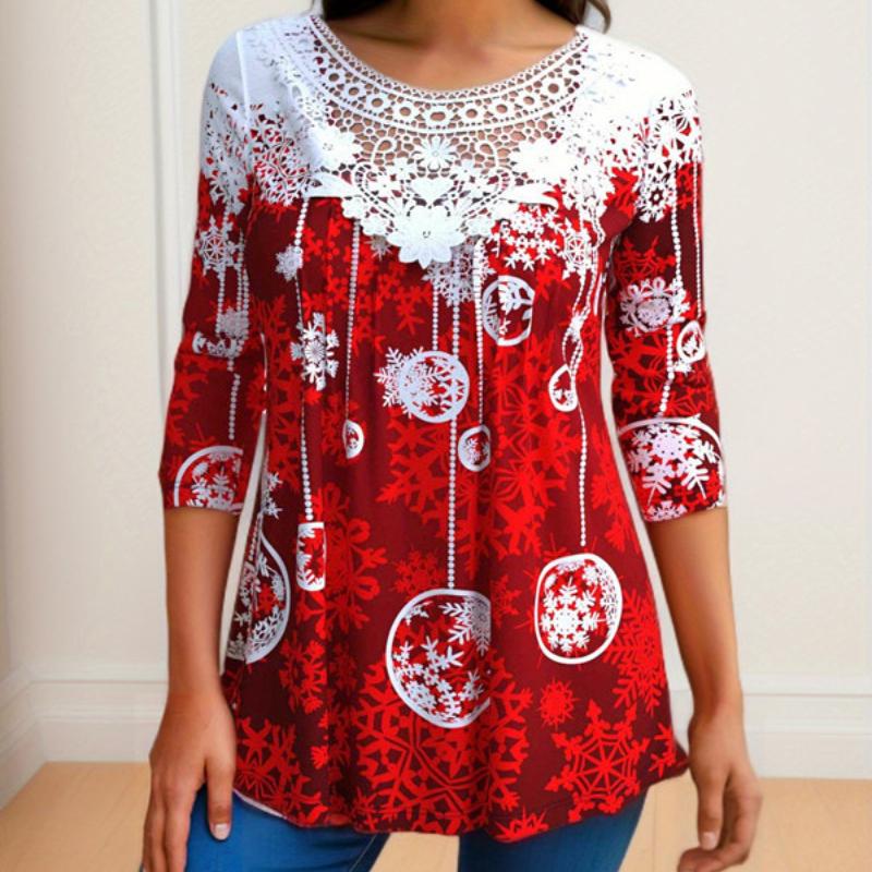 

Женская футболка большого размера с длинными рукавами и кружевным принтом с рождественским элементом XXXXXL темно-красного