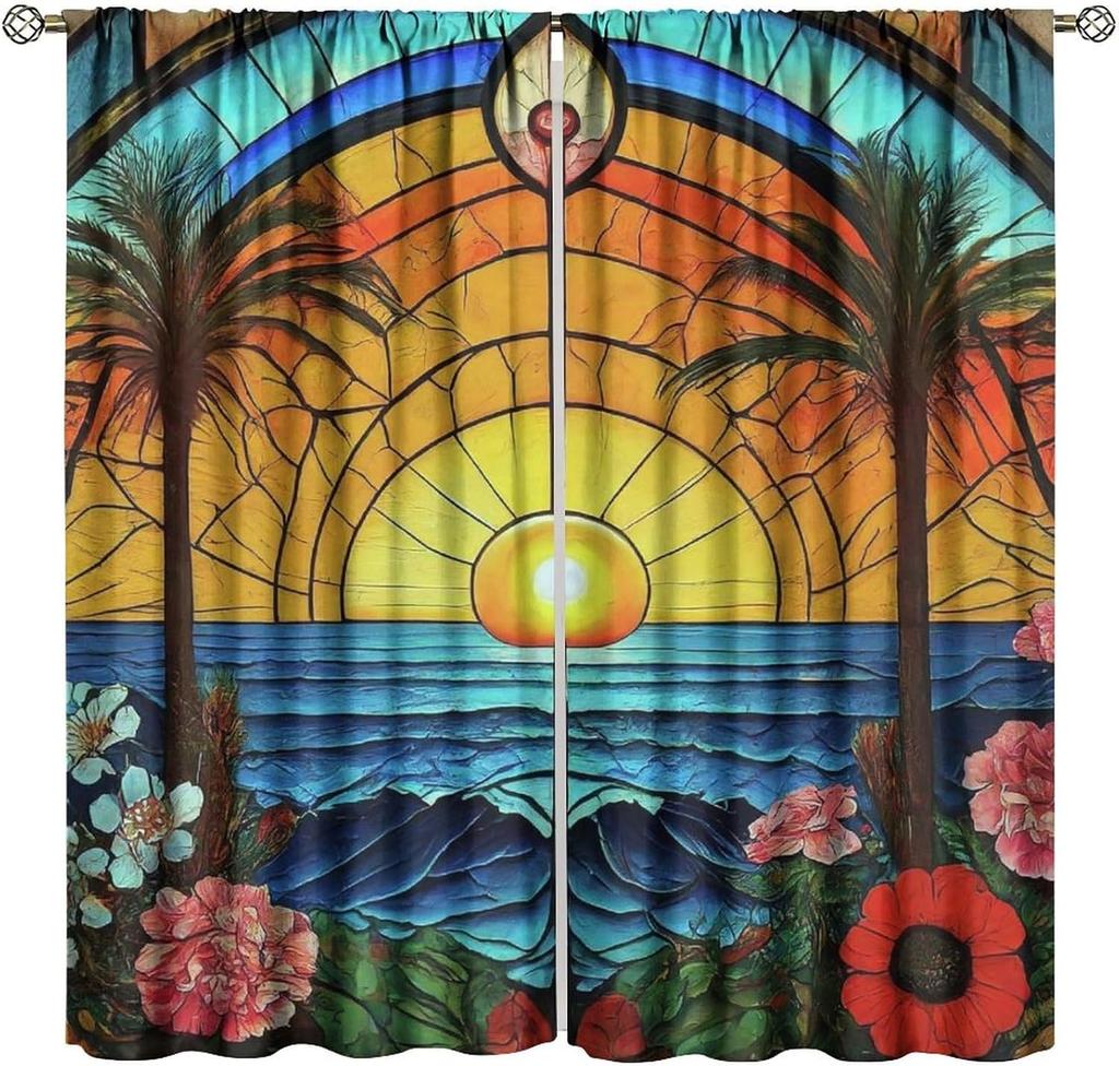 Stained Glass Blackout Window Curtains, Autumn Forest Mosaic Art Beautiful Nature Scenery Stained Glass Home Kitchen Livingroom