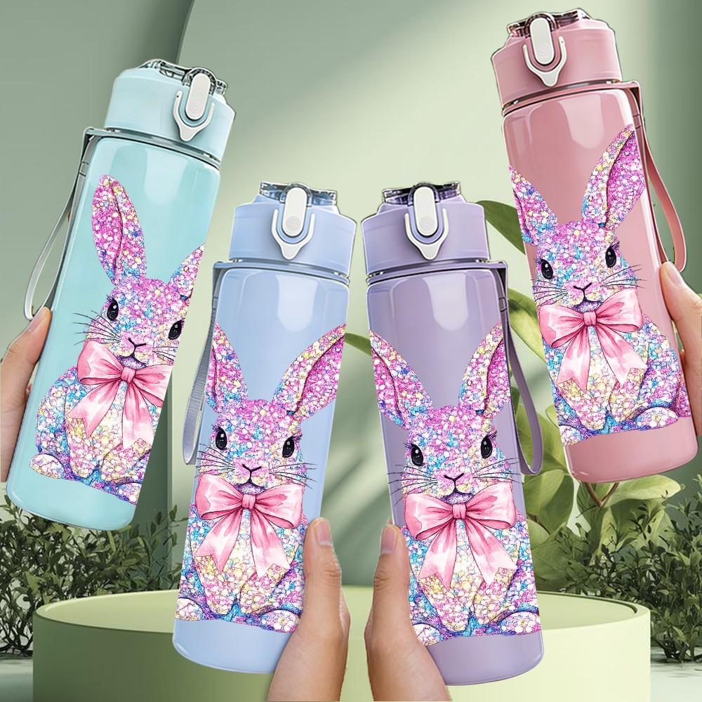 1PC Soft Pink Floral Bunny Rabbit Print 750ml Color Plastic Sports Water Bottle Leakproof Flip Straw Lid Suitable for Sports Office Home Use